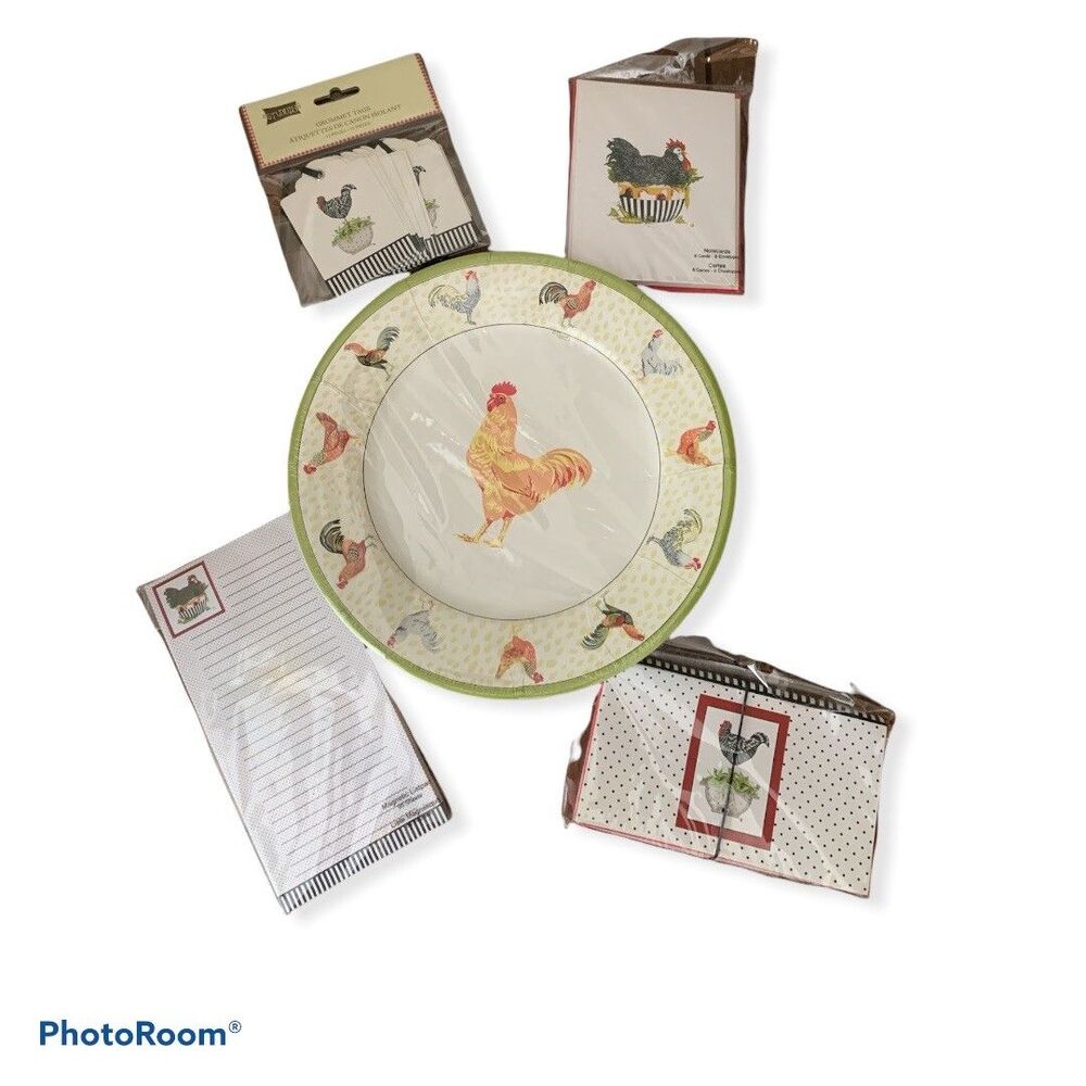 Studio 18 Rooster Lover Set of Tags, Cards, Coupon Holder, Plates, and Pad NWT